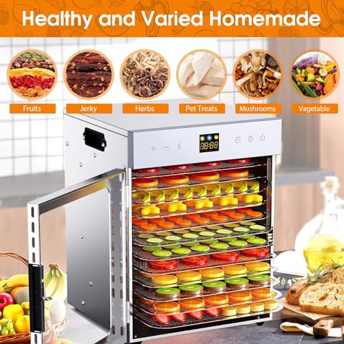 Food Dehydrator for Jerky, 12 Stainless Steel Trays, 1200W Fruit Dehydrator, 24H Timer and 190°F Temperature Control, Overheat Protection, Food Dryer for Jerky, Herbs, Fruit, Dog Treats