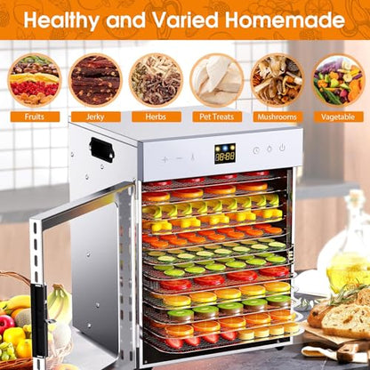Food Dehydrator for Jerky, 12 Stainless Steel Trays, 1200W Fruit Dehydrator, 24H Timer and 190°F Temperature Control, Overheat Protection, Food Dryer for Jerky, Herbs, Fruit, Dog Treats