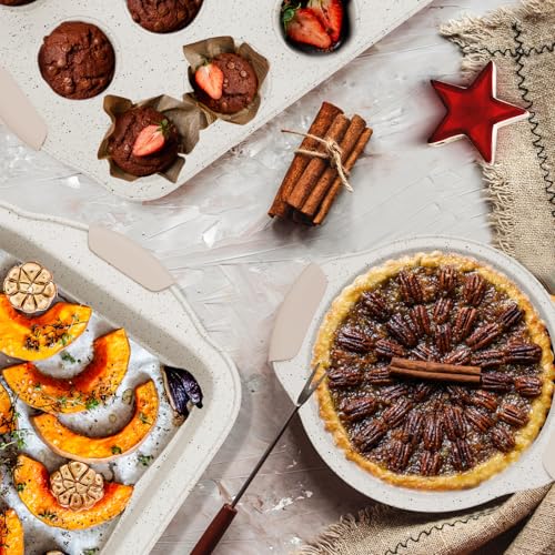 11-Piece Baking Pans Set Nonstick, Stackable Bakeware, Toxin-Free Baking Pans Set with Silicone Handles, Includes Cookie Sheets, Cake Pan, Loaf Pan, Pizza Pan, Muffin Pan, White&Khaki