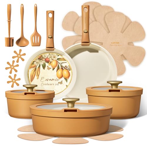 Carote 20pcs Ceramic Cookware Set with Detachable Handles, Pots and Pans Set Non Stick, RV Kitchen Cooking Pot and Pan, Dishwasher Safe, Non-toxic Induction Cookware PFAS and PFOA Free,Orange