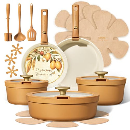 Carote 20pcs Ceramic Cookware Set with Detachable Handles, Pots and Pans Set Non Stick, RV Kitchen Cooking Pot and Pan, Dishwasher Safe, Non-toxic Induction Cookware PFAS and PFOA Free,Orange