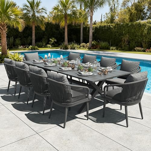 LayinSun 11 Pieces Outdoor Patio Dining Set, Aluminium Rectangular Dining Table and Wicker Rattan Chairs Set for Outside Backyard, Poolside