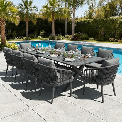 LayinSun 11 Pieces Outdoor Patio Dining Set, Aluminium Rectangular Dining Table and Wicker Rattan Chairs Set for Outside Backyard, Poolside
