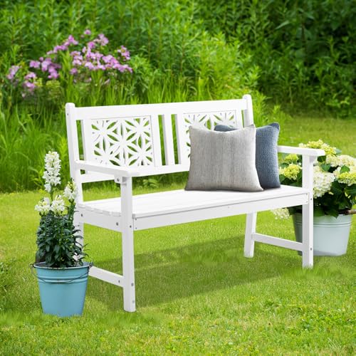 VINGLI 47" Outdoor Wood Bench, All Weather Outdoor Wooden Patio Garden Bench, Outside Loveseat 660lbs Capacity for Front Porch Park Entryway (White)