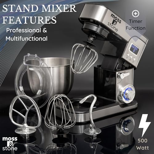 Moss & Stone Stand Mixer With Lcd Display, 6 Speed Electric Mixer With 5.5 Quart Stainless Steel Mixing Bowl, Kitchen Mixer With Dough Hook, Egg Whisk, Beater & Baking Spatula, Food Mixer With Timer