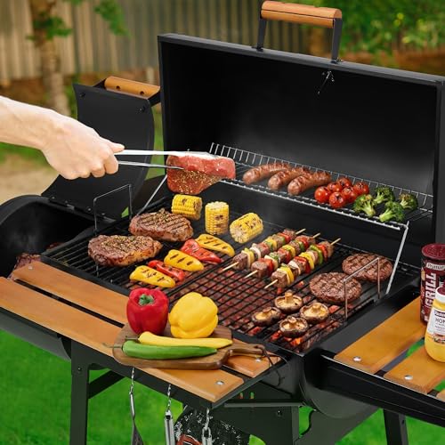 Grills House Barrel Charcoal Grill with Offset Smoker, 824 Sq. In. Cooking Area, Wooden Front Shelf, Bottom Shelf, Blow-Molded Wheels, Outdoor Charcoal Grill for Backyard Cooking, Black,CC1831W