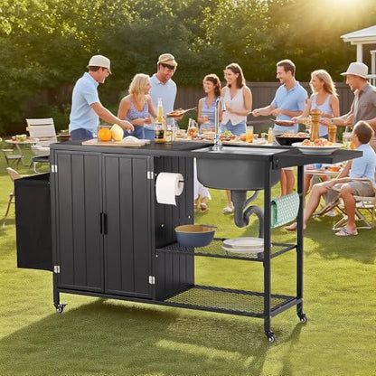 LVUYOYO Outdoor Grill Table with Stainless Steel Sink, Grill Cart Station with Cabinet, Metal Kitchen & Island Rolling BBQ Table for Garden, Patio, Backyard