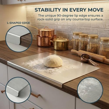 20"L x 16"W Stainless Steel Cutting Board for Kitchen – Large L-Shaped Bread Board, Double-Sided Non-Stick Chopping Board with Lip for Baking, Dishwasher Safe Pastry Board for Kneading