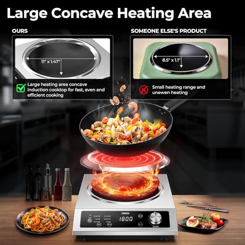 TERUISI Commercial Induction Cooktop, 1800W Electric Wok Cooker with Concave Surface, 4H Timer, 6 Preset, 8 Temp Levels, Portable Induction Burner for Kitchen Cooking, 12.6" Carbon Steel Wok Included