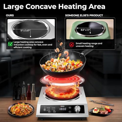 TERUISI Commercial Induction Cooktop, 1800W Electric Wok Cooker with Concave Surface, 4H Timer, 6 Preset, 8 Temp Levels, Portable Induction Burner for Kitchen Cooking, 12.6" Carbon Steel Wok Included