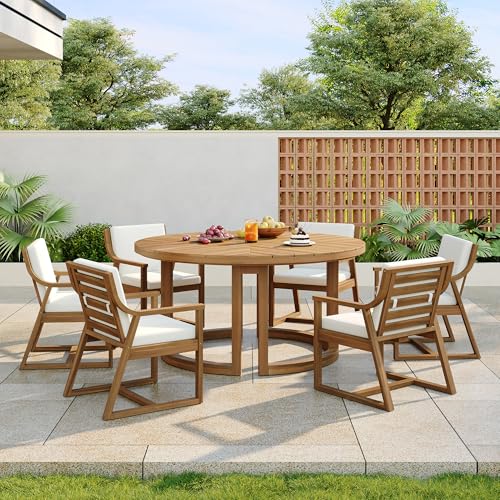 XD Designs 7-Piece Outdoor Patio Dining Set, All-Weather Acacia Wood 59'' Round Dining Table with 1.96" Umbrella Hole and 6 Arm Chairs for Backyard, Balcony, Garden, Poolside (Light Teak-2.14)