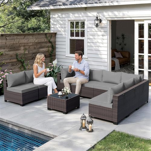 ALAULM Patio Furniture Set with Coffee Table, 9 Pieces Outdoor Sectional with Wide Seat and Thick Cushion, All Weather Wicker Rattan Conversation Set for Backyard, Garden, Deck, Grey