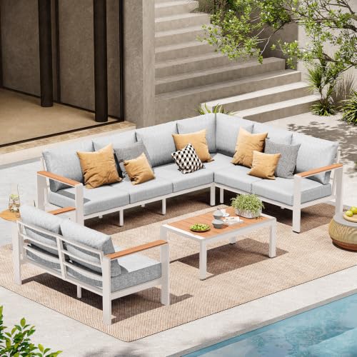 ComfCove Aluminum Outdoor Patio Furniture Set 8 Seats, Outdoor Sectional Corner Sofa, Patio Conversation Set with Coffee Table & Washable Cushions, Furniture Set for Porch, Balcony, Deck, White
