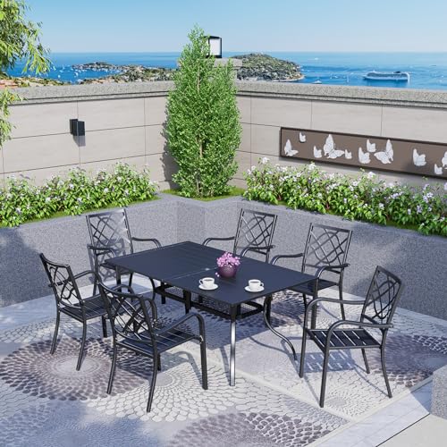 Omelaza 7 Pieces Patio Metal Furniture Outdoor Dining Set with 6 Stackable Bistro Chairs, and 60'' x 37'' Rectangle Table with Umbrella Hole (Black)