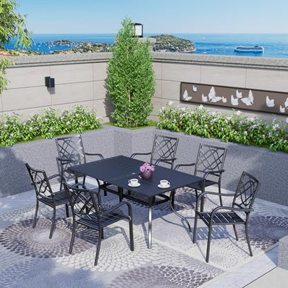 Omelaza 7 Pieces Patio Metal Furniture Outdoor Dining Set with 6 Stackable Bistro Chairs, and 60'' x 37'' Rectangle Table with Umbrella Hole (Black)