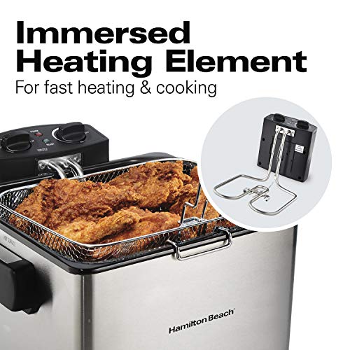 Hamilton Beach Electric Deep Fryer with Basket and Lid, 4.5 Liters / 19 Cups Oil Capacity, Temperature Control, View Window, Professional Style, 1800 Watts, Stainless Steel (35035A)