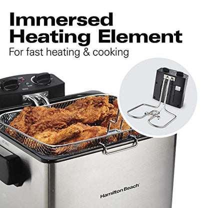 Hamilton Beach Electric Deep Fryer with Basket and Lid, 4.5 Liters / 19 Cups Oil Capacity, Temperature Control, View Window, Professional Style, 1800 Watts, Stainless Steel (35035A)