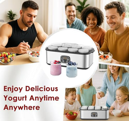 Suteck Yogurt Maker - Stainless Steel Yogurt Makers with Adjustable Time & Temp Control，Automatic Shut-Off & Constant Temper for Homemade Greek, Probiotic Yogurt, BPA-Free 8 Glass Jars (48 oz), Black
