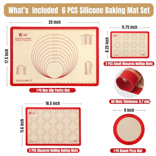GUANCI Silicone Baking Mat Set of 6, Includes 25"x17.5" Large, 2 Medium 16.5"x11.6", 2 Small 11.75"x8.25", 9" Round, All Mats 0.70mm Thick, Non-Stick Reusable Baking Mats for Pizza, Cookie, Bread