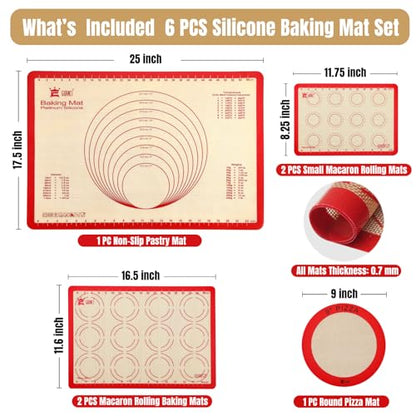 GUANCI Silicone Baking Mat Set of 6, Includes 25"x17.5" Large, 2 Medium 16.5"x11.6", 2 Small 11.75"x8.25", 9" Round, All Mats 0.70mm Thick, Non-Stick Reusable Baking Mats for Pizza, Cookie, Bread