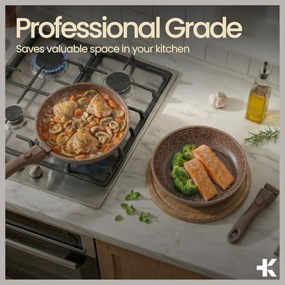 Bakken 17-Piece Ceramic Coated Aluminum Cookware Set, Nonstick Pots and Pans with Lids, Silicone Cooking Utensils & Oven Mitts, All Stovetop Safe Up To 500°F, PTFE & PFAS Free, Dishwasher Safe