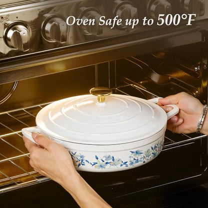 CAROTE 3.5QT Shallow Dutch Oven, Enameled Flora Cast Iron Braiser Pan Casserole Skillets with Lid, Versatile Heavy-Duty Cookware for Sourdough Bread Baking, Braising, Stews, Roasting, All Stovetop Compatible, Oven Safe up to 500° F, White & Blue