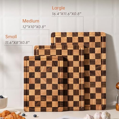 FYCTIO Checkered Cutting Boards for Kitchen, Wooden Cutting Board Set, Acacia Chopping Board with Juice Grooves & Handles, Butcher Block Serving Tray for Meat, Vegetables and Fruits, 3pcs