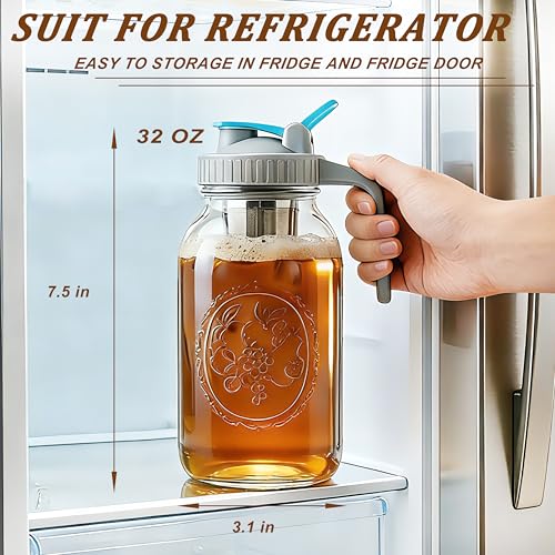 Mason Jar Cold Brew Coffee Maker 32 Oz Wide Mouth Cold Brew Pitcher 1 Quart Airtight & Leakproof Mason Jar Pitcher With Stainless Steel Fine Mesh Filter For Coffee, Iced Tea, Sun Tea, Lemonade