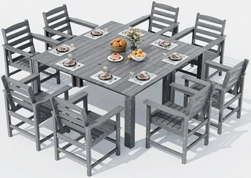 PamapicLife Outdoor HDPE Dining Table Set, 10-Piece Outdoor Dining Table Sets, Wood Grain Patio Furniture Sets with Umbrella Hole for Porch, Backyard, Gray