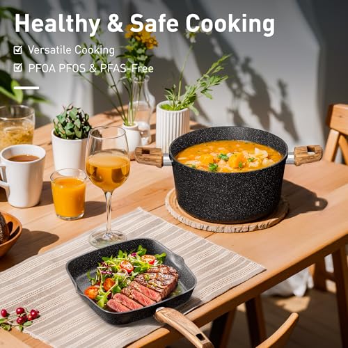30 Piece Pots and Pans Set Non Stick, Granite Induction Cookware Sets, Nonstick Kitchen Cookware Sets, Non Toxic Cookware Set with Frying Pans and Saucepan, Kitchen Pots and Pans Set, Black