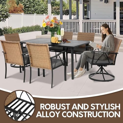 Andehomy 7-Piece Patio Dining Set for 6, Outdoor Dining Set with Wicker Swivel Patio Dining Chairs with Cushions & Black Rectangular Woodgrain Dining Table with 1.75”Umbrella Hole, Black & Brown