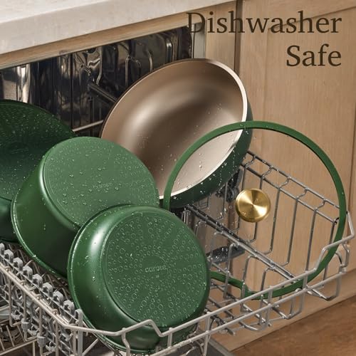 CAROTE Green&Gold Nonstick Cookware Set,15Pcs Pots and Pans Set Non Stick Detachable/Removable Handle,Kitchen Cooking Set Dishwasher Safe, RV Kitchen Pot and Pan, Induction Cookware