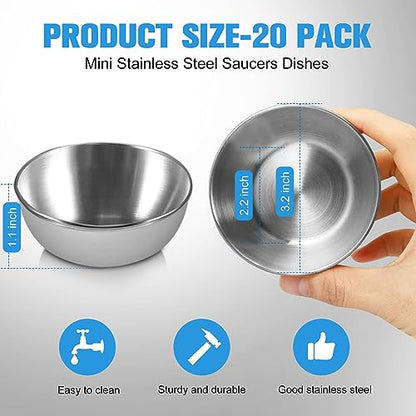 zzhxkjhky 20 Pack 3.2 inch Stainless Steel Sauce Dishes 3.5 oz Mini Individual Saucers Bowl Round Seasoning Dishes Bowl Serving Appetizer Plates for Kitchen Prep Side Dish Soy Sauce Sushi Dip (20)