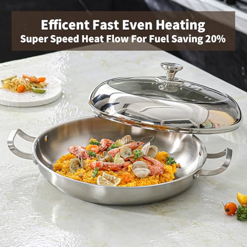 DELARLO 14 inch Paella Pan With Lid Tri-Ply Large Frying Pan Stainless Steel,Induction Skillets,Fast Heating Cookware,Indoors Outdoors,paelleras para 12 personas Jumbo Cooker