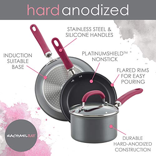 Rachael Ray Create Delicious Hard Anodized Nonstick Cookware Pots and Pans Set, 11 Piece, Burgundy Handles