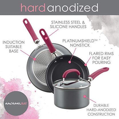 Rachael Ray Create Delicious Hard Anodized Nonstick Cookware Pots and Pans Set, 11 Piece, Burgundy Handles