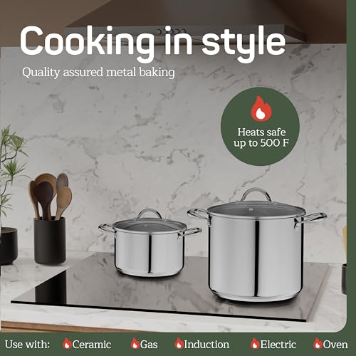Stainless Steel Stockpot with Tempered Glass Lid 12 Quart, Durable 18/0 Stainless Steel, Impact-Bonded Base for Even Heating, Riveted Handles, Oven & All Stove Compatible, Safe Up To 500°F (260°C)