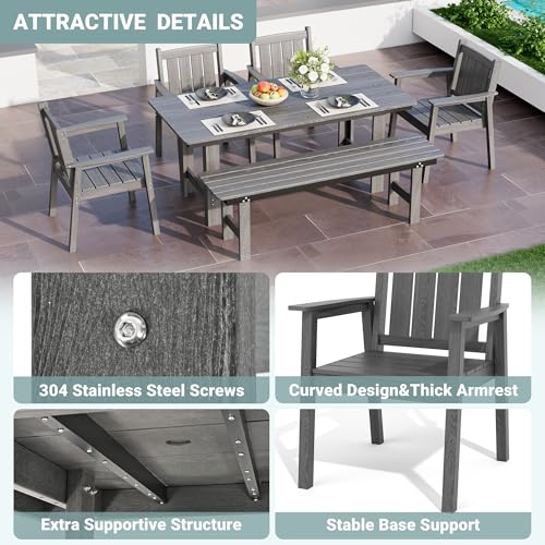 Pamapic 6 PCS Outdoor Dining Set, Spacious HDPE Outdoor Table with 4 Chairs and 1 Bench, Wood Grain Patio Furniture Sets with Elegant Armrest, All-Weather Patio Dining Table with Umbrella Hole, Gray