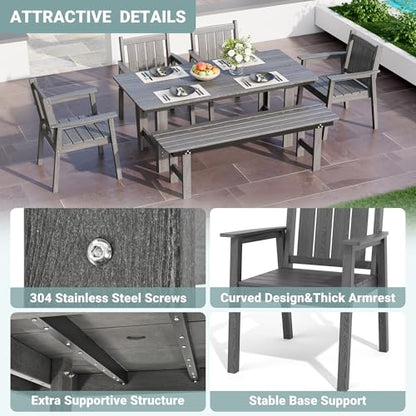 Pamapic 6 PCS Outdoor Dining Set, Spacious HDPE Outdoor Table with 4 Chairs and 1 Bench, Wood Grain Patio Furniture Sets with Elegant Armrest, All-Weather Patio Dining Table with Umbrella Hole, Gray