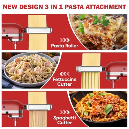 GVODE 3 in 1 Pasta Attachment for KitchenAid Stand Mixer, All Metal Pasta Maker KitchenAid Attachment, Pasta Sheet Roller, Spaghetti Cutter, Fettuccine Cutter Maker Accessories and Cleaning Brush