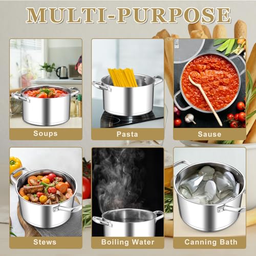 Leonyo 5 Quart Stock Pot with Lid, 18/10 3-ply Stainless Steel Stockpot for Induction Ceramic Gas Stoves, Heavy Duty Cooking Pot for Canning, Boiling, Simmering, Cooking Pot for Pasta, Soup, Spaghetti