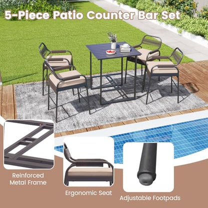 Tangkula 5-Piece Patio Rattan Bar Set, Counter Height Square Table with 4 Wicker Counter Stools, All-Weather Tabletop, Cushioned Outside Dining Set for Poolside, Backyard (Brown)