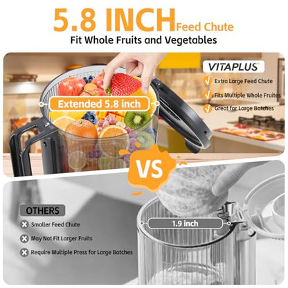 VITAPLUS Cold Press Juicer with Stainless Steel Auger，High Juice Yield Slow Masticating Juicer for Juice & Nut Milk, Lab-Certified Food-Safe, AC Motor, 5.8" Whole-Fruit Chute, BPA-Free,Easy Clean
