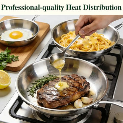Umite Chef 5 Ply Stainless Steel Frying Pan 8 inch, Non Toxic Professional Stainless Steel Skillets, Dishwasher and Oven-Safe Chef Pan, PFOA&PTFE Free Cookware, Fast & Even Heat, Stay-Cool Handle