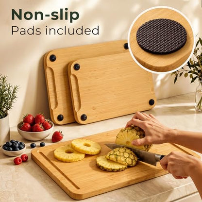 Set of 3 Bamboo Cutting Boards for Kitchen - Thick & Durable Wood Cutting Boards Set with Deep Juice Grooves & Build-in Handles, Large Surface, Easy to Clean – for Meat, Vegetables and Fruits
