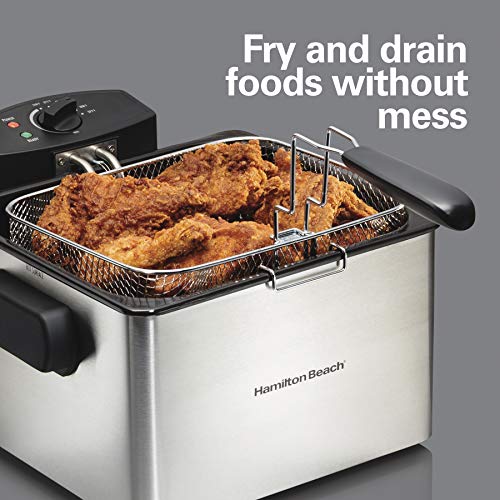 Hamilton Beach 35042 Professional Style Electric Deep Fryer, Frying Basket with Hooks, 1800 Watts, 5 Liter, Stainless Steel
