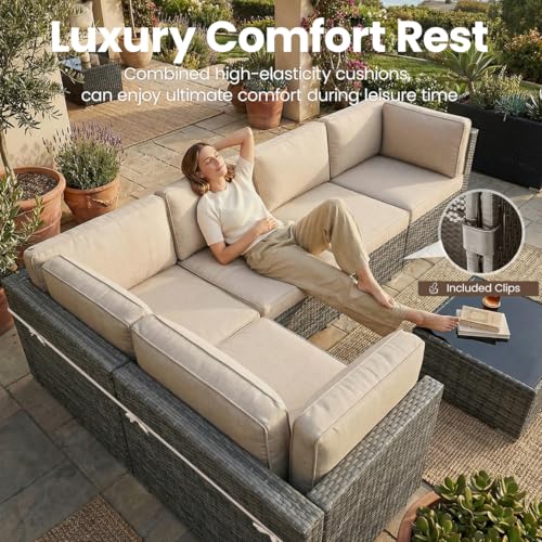 Vakollia 15 Pieces Patio Furniture Set with 44" Propane Gas Fire Pit Table, Outdoor Sectional Wicker Conversation Sofa Sets with Coffee Table
