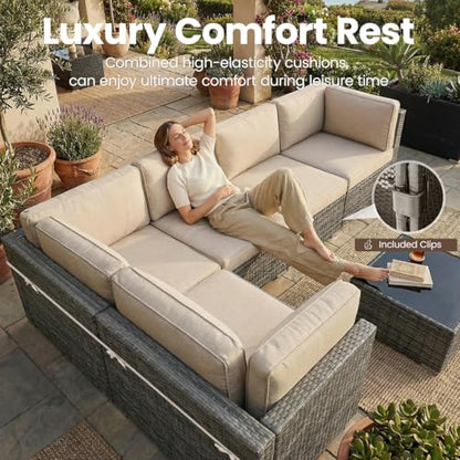 Vakollia 15 Pieces Patio Furniture Set with 44" Propane Gas Fire Pit Table, Outdoor Sectional Wicker Conversation Sofa Sets with Coffee Table