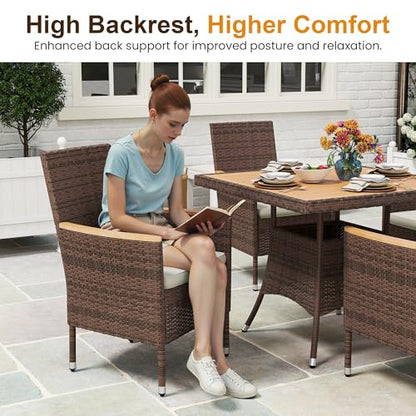 Wisteria Lane 10-Pieces Outdoor Patio Table and Chairs, Rattan Patio Table Set with Acacia Wood Tabletop, Patio Dining Furniture Set for 8 with Removable Cushions for Deck Garden Backyard, Brown