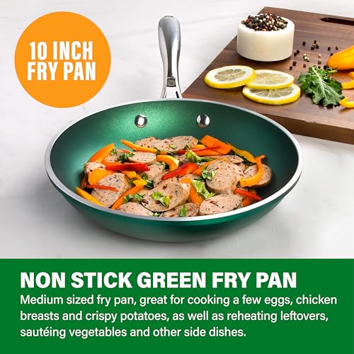 Granitestone 10 Inch Nonstick Frying Pan Skillet, Granite Coated Non Toxic Cooking Pan for Eggs & Omelettes, PFOA Free, Withstands Metal Utensils, Oven Safe to 500°F, Dishwasher Safe, Emerald Green